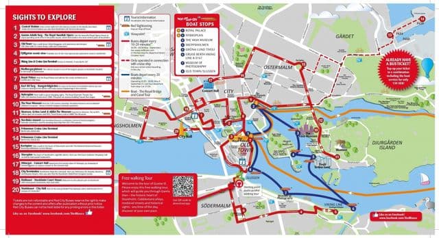 Mapa de excursiones en autobús Hop On Hop Off de Estocolmo